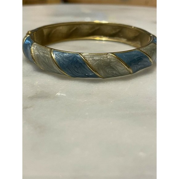 2 tone Alternating blue enamel Gold Tone clamper cuff bracelet - Picture 2 of 8